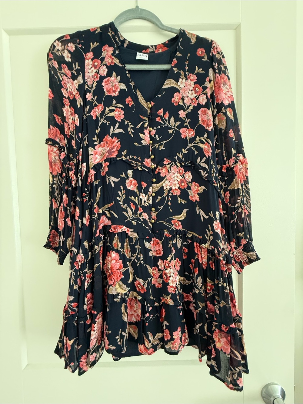 Bila Navy Floral Scoop Neck Top with Coral Blooms